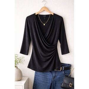 Ann Taylor Black Faux Wrap Top 3/4 Sleeve Side Ruched V-Neck Blouse Medium